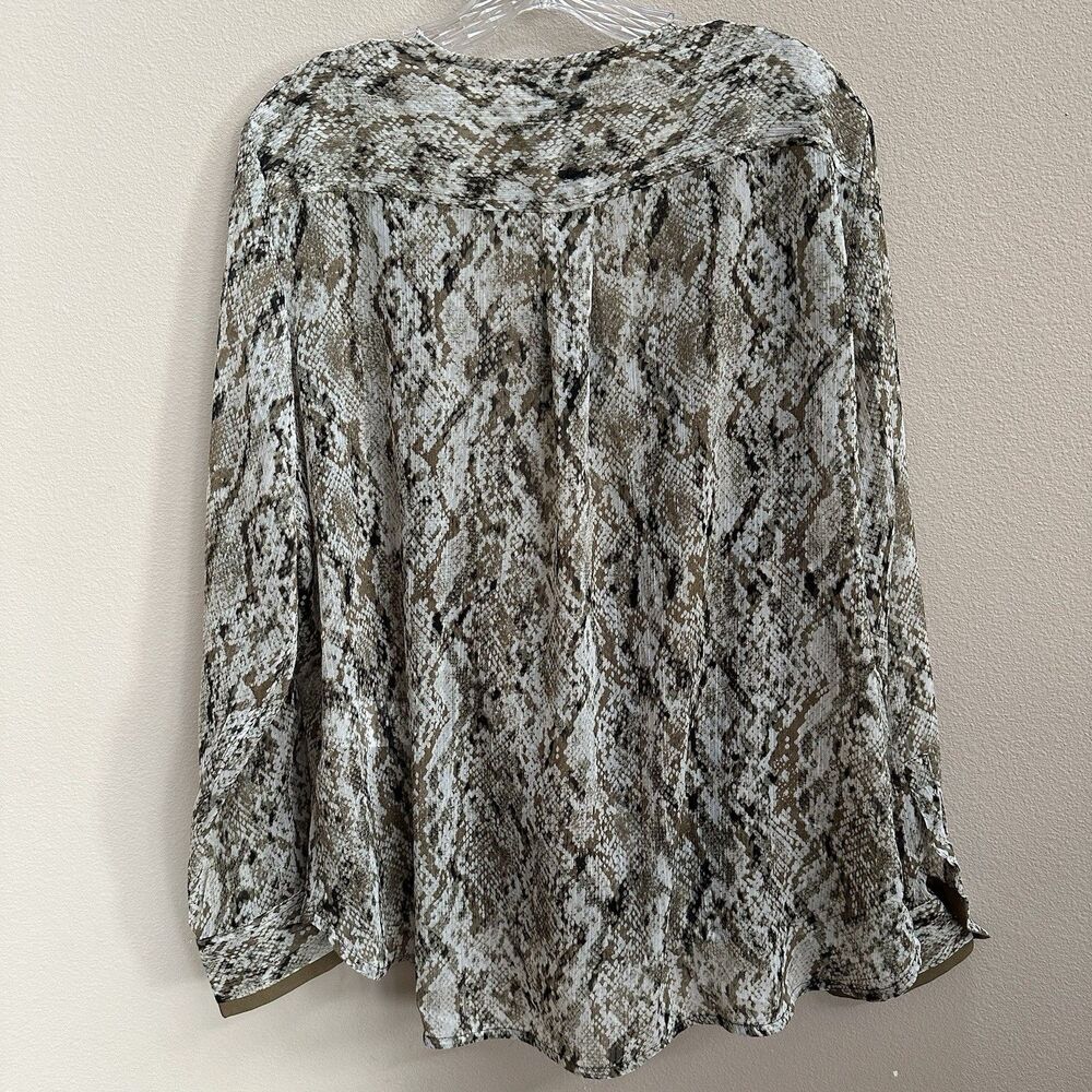 DKNY Top Women's XL Brown Snake Print Faux-Wrap Long Sleeve Semi Sheer Career - Picture 10 of 11